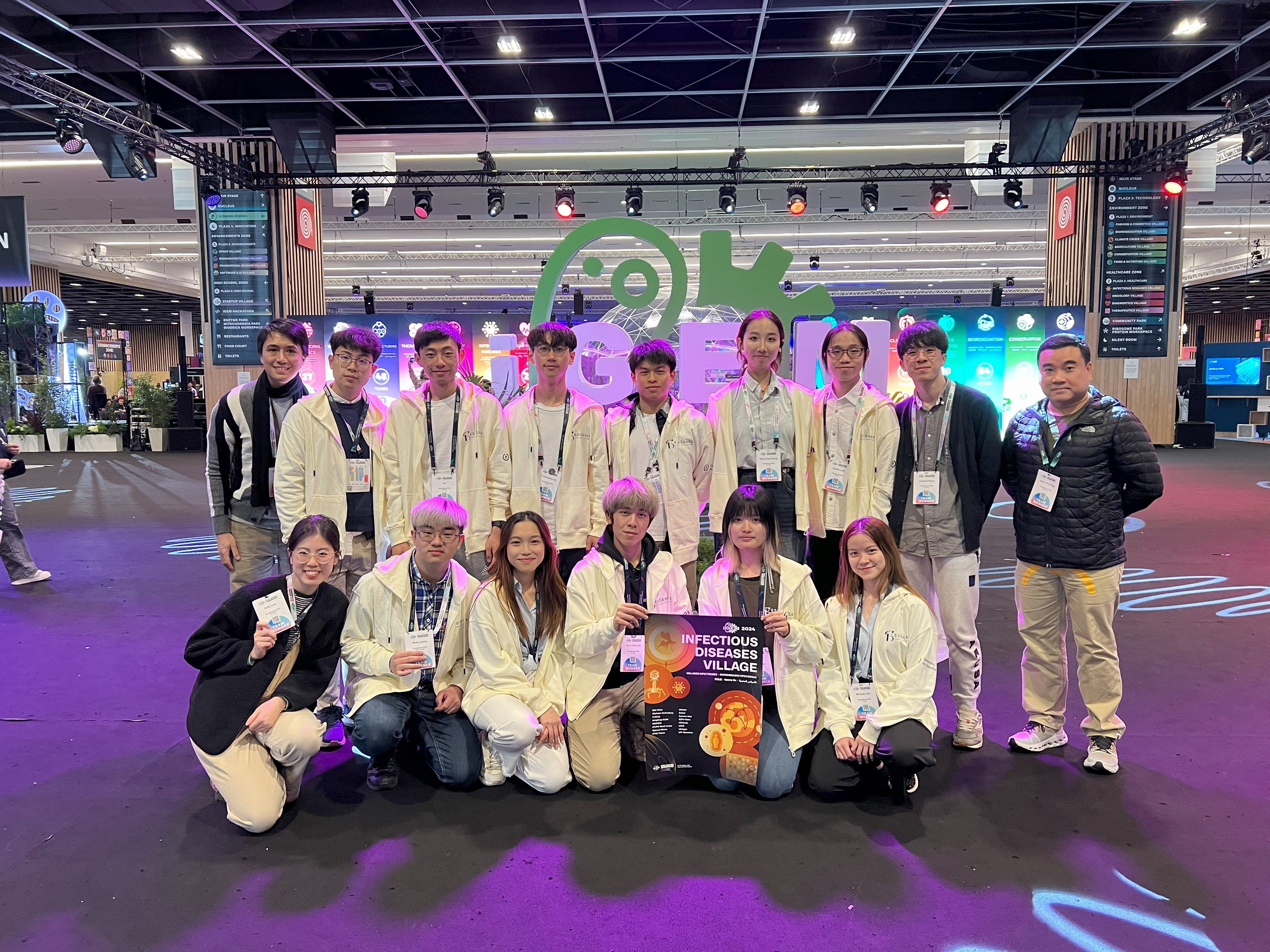 The CUHK iGEM Team celebrates their Gold Medal achievement with project "ResiSense" at the Grand Jamboree in Paris (September 2024). Team member Michelle LEE (first from right, first row) represents the university's Biomedical Engineering programme.