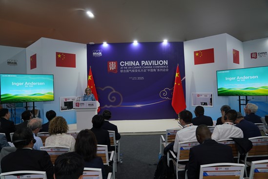 Inger Andersen, executive director of the United Nations Environment Programme, delivers remarks. (Photo by Lin Mengnan/China News Network)