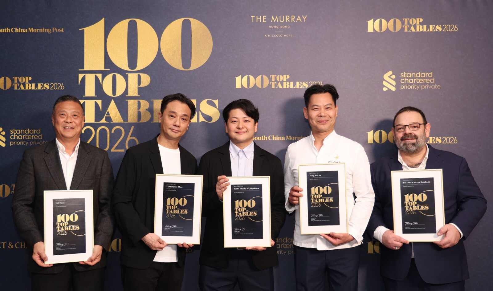 From left: Jackie Ho Hon-sing, Chinese Executive Chef of The Ritz-Carlton, Macau; Norihisa Maeda, Executive Chef of Teppanyaki Shou; Soma Shibuya, Executive Sous Chef of Sushi Kissho by Miyakawa; Chan Chek Keong, Assistance Vice President of Food & Beverage Culinary of StarWorld Hotel and Executive Chef of Feng Wei Ju; Marino D'Antonio, Executive Chef of 8½ Otto e Mezzo BOMBANA at Galaxy Macau.