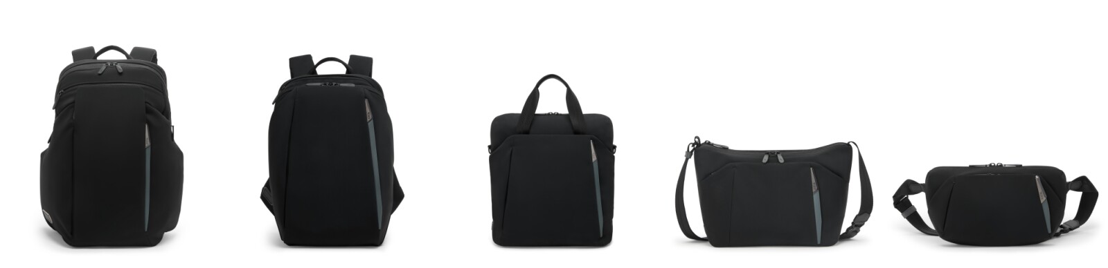 (L to R): Large Backpack 25L, Medium Backpack 20L, Medium Tote, Medium Crossbody, and Medium Sling in Black