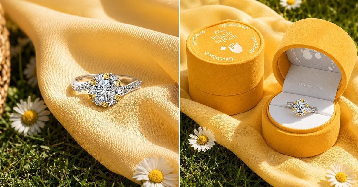 The engagement ring features a wreath of yellow and white diamonds encircling the centre stone and is presented in a Disney Winnie the Pooh velvet ring box. RSDW_06