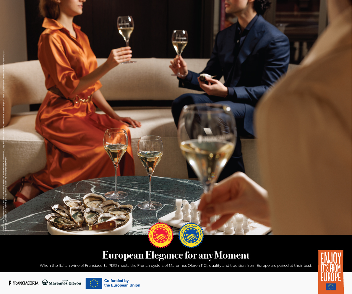European Elegance for any Moment: When the Italian wine of Franciacorta PDO meets the French oysters of Marennes Oléron PGI, quality and tradition from Europe are paired at their best.