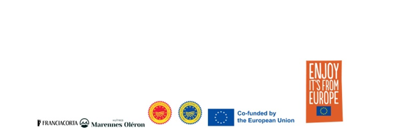 An initiative co-funded by the European Union, featuring Franciacorta PDO wines and Marennes Oléron PGI oysters.